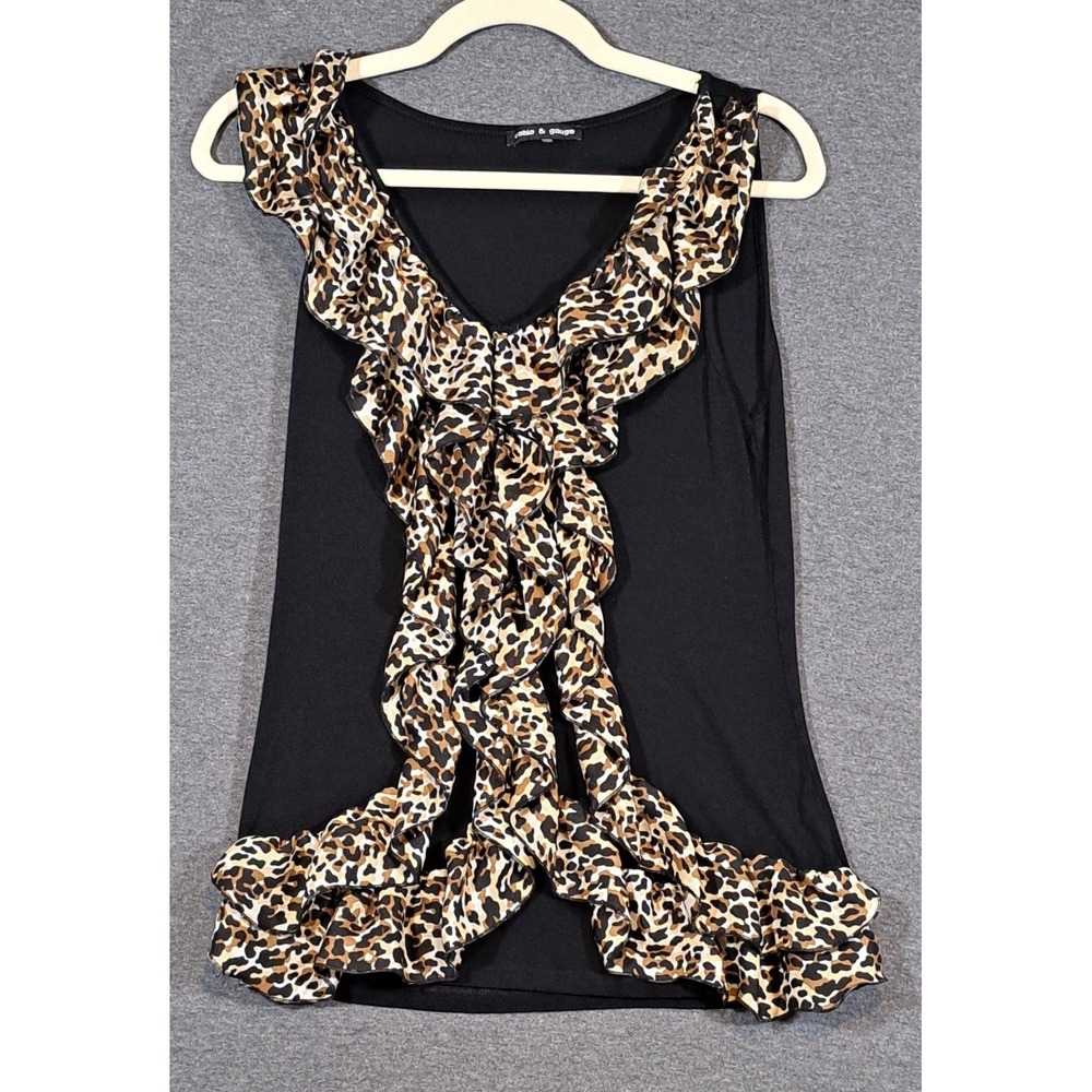 Cable & Gauge Black Sleeveless Top Leopard Print Ruffle V-Neck 0880